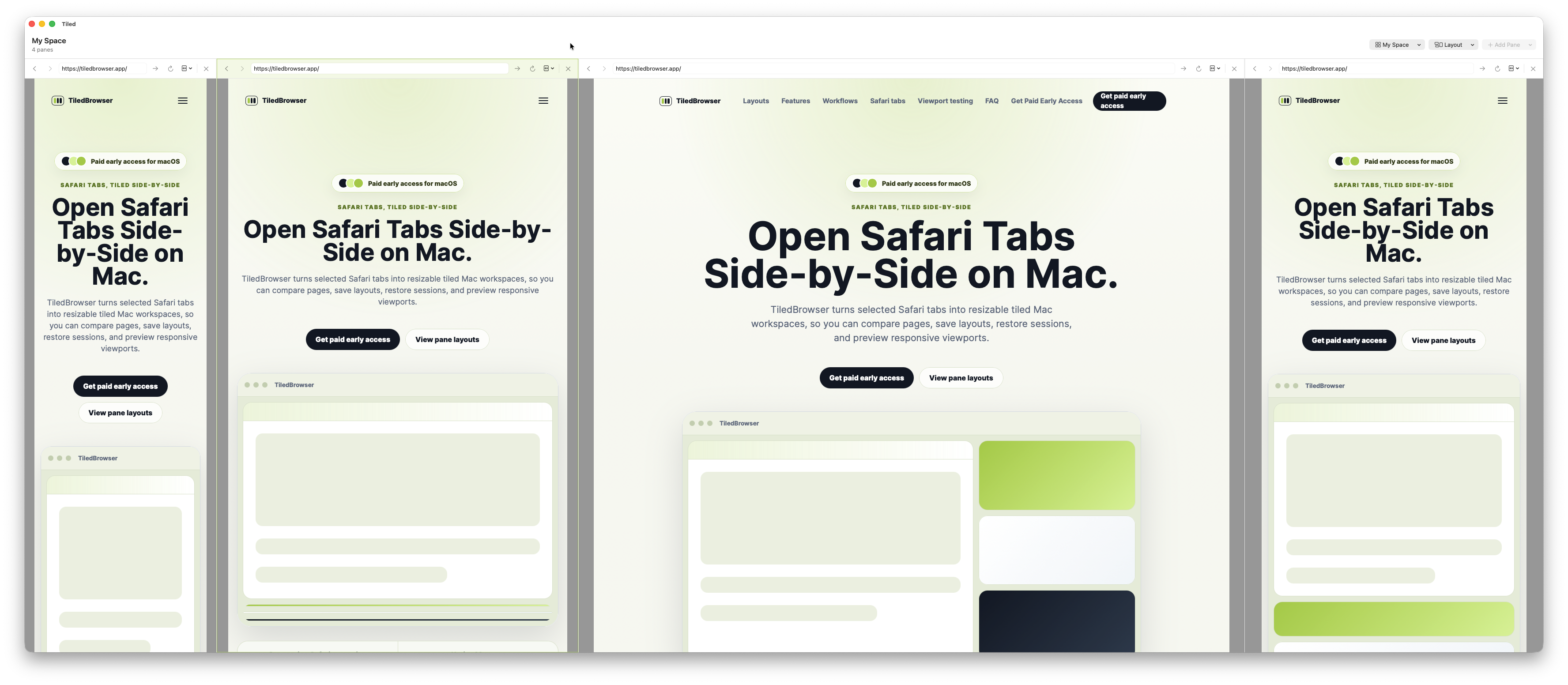 TiledBrowser showing mobile, tablet, desktop, and custom viewport panes side-by-side